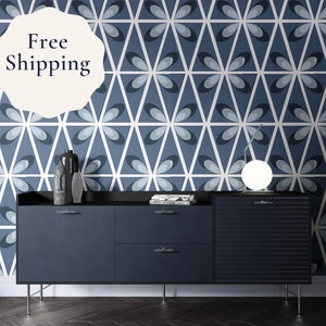 Mid Century Modern Geometric Wallpaper: Navy Blue Abstract, Peel and Stick
