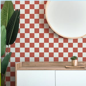 May include: A modern interior scene featuring a red and white checkered wall. A round mirror with a wooden frame hangs on the wall. A wooden cabinet with a small succulent plant in a copper pot sits below the mirror.