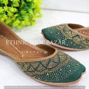 Dark Green punjabi jutti women beaded Mojari handmade sandals Jootis bohemian Indian khussa pakistani shoes