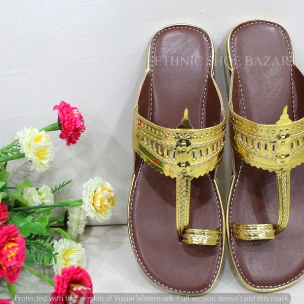 Dark Gold Women Kolhapuri Chappal Indian Flat Flip Flops Casual Ethnic Kolhapuri Sandals For Women