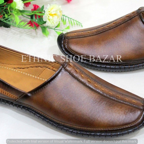 Men Juti For Wedding Sherwani Shoes Casual Formal Comfort Loafers Tan Shoes Flat Punjabi Jutti