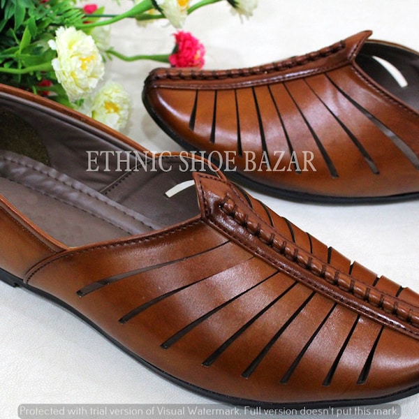 Men's Traditional Tan Punjabi Juti Groom For Wedding Juti Ethnic Mojari Loafer Jalsa Leather Stylish Shoes