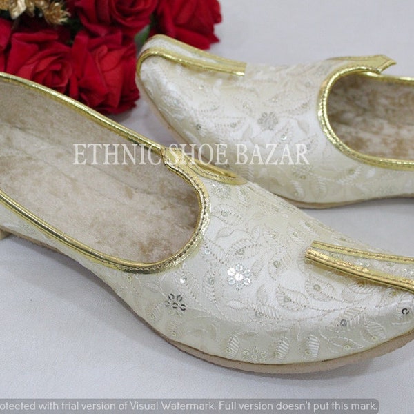 Men's Cream Wedding Shoes Sherwani Punjabi Jutti Traditional Ethnic Flats Mojari Khussa Juti