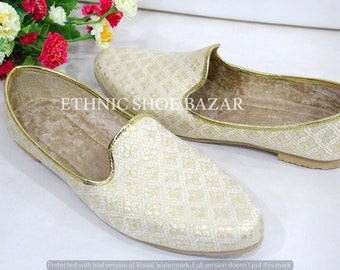 Mens Ethnic Designer Punjabi Jutti For Men Cream Gold Shoes Wedding Khussa Traditional Handmade Loafers