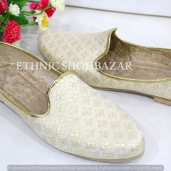 Mens Ethnic Designer Punjabi Jutti For Men Cream Gold Shoes Wedding Khussa Traditional Handmade Loafers