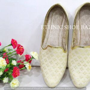 Mens Ethnic Designer Punjabi Jutti For Men Cream Gold Shoes Wedding Khussa Traditional Handmade Loafers image 3