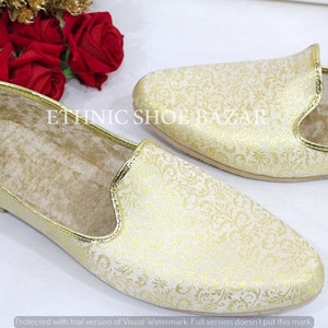 Punjabi Jutti For Men's Traditional Mojaris Shoes Cream Gold Wedding For Groom Indian Handmade Ethnic Jooti