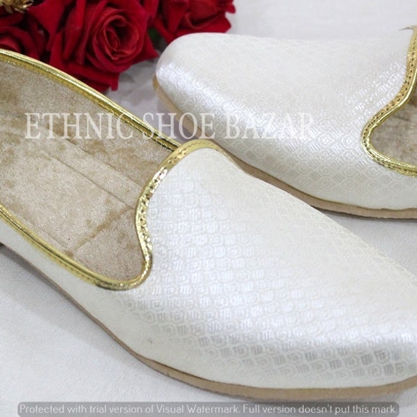 Punjabi mojaris Mens Shoes cream Wedding for Groom,Traditional Indian Footwear Ethnic peshawari Slippers