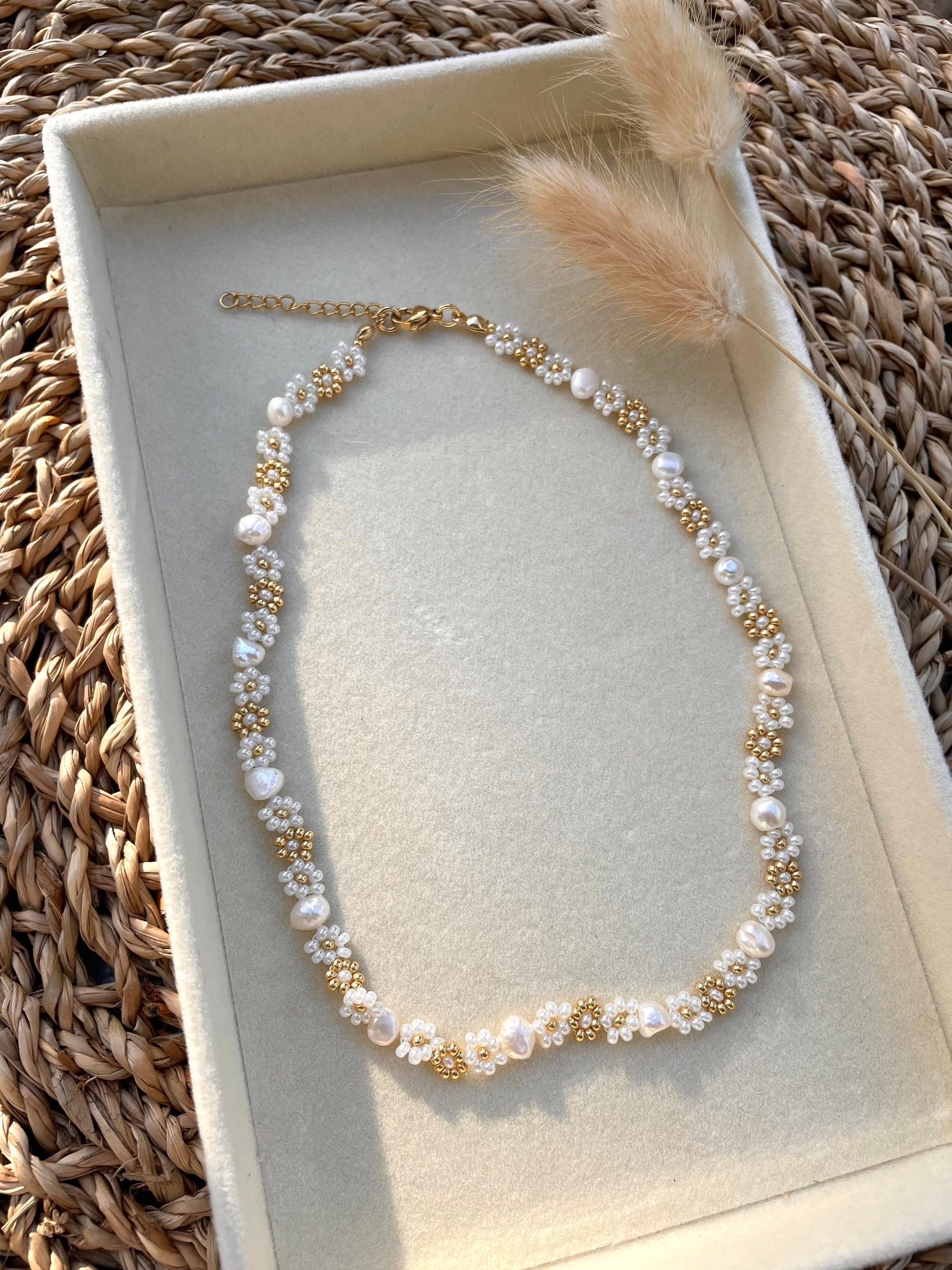 Millefiori Glass Bead Freshwater Pearl Necklace, Flower Bead Necklace,  Freshwater Pearl Jewelry, Millefiori Bead Jewelry, Glass Bead Jewelry 
