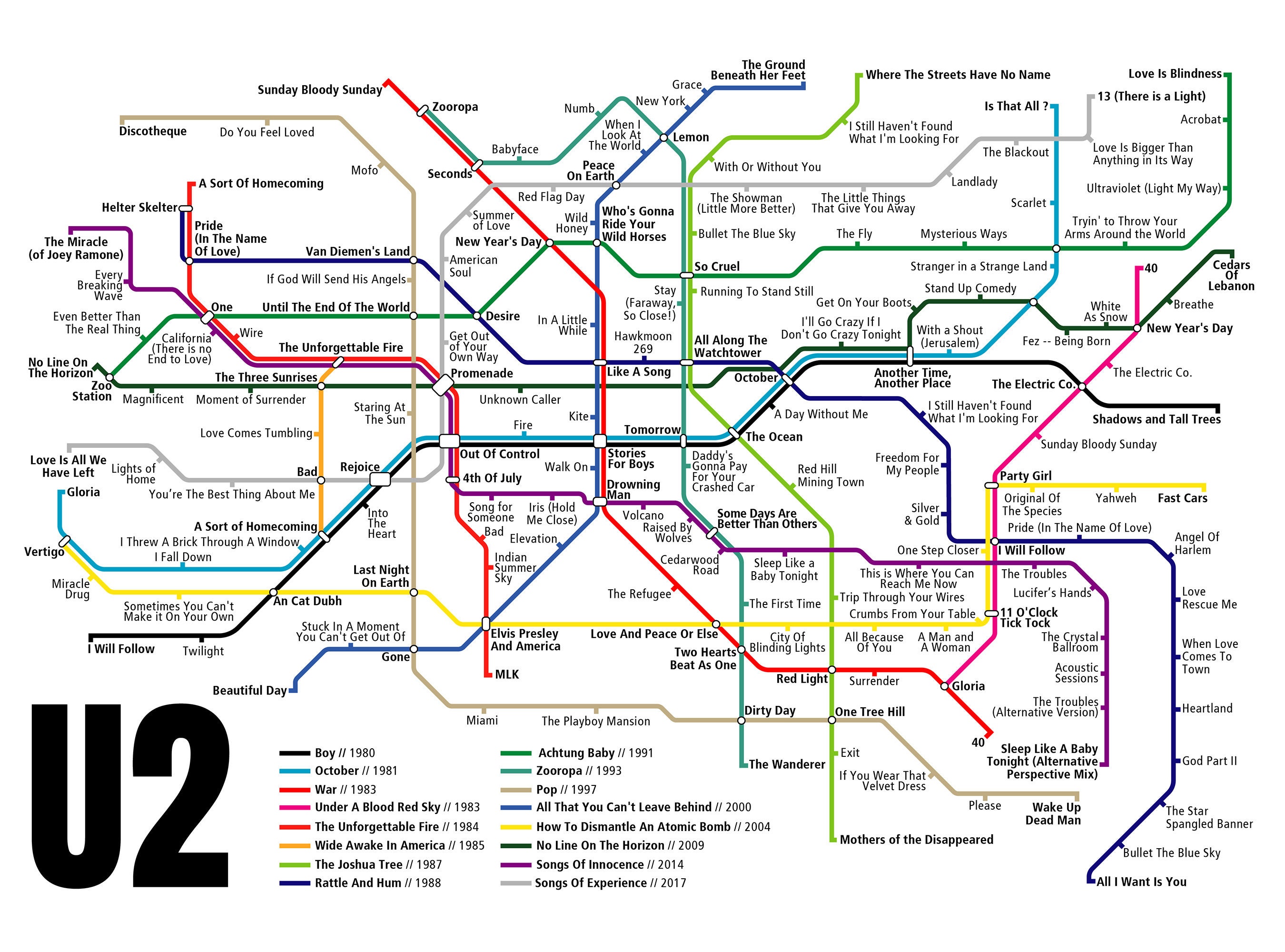 Discover U2, Album Print, U2 Art, Album Poster, Rock Poster, Berlin U-Bahn Style Map Print, Bono, Music Poster, Wall Art Decor