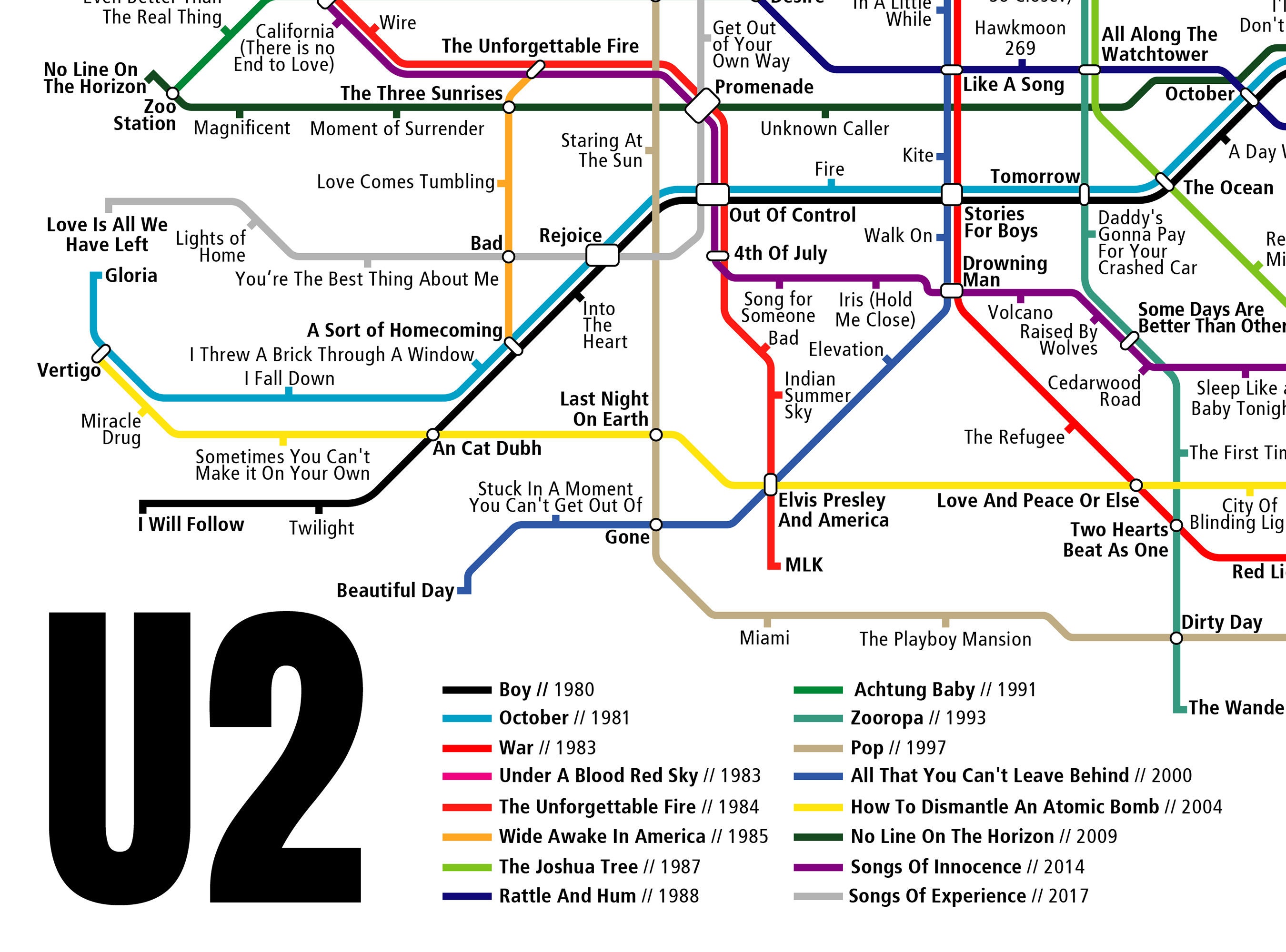 Discover U2, Album Print, U2 Art, Album Poster, Rock Poster, Berlin U-Bahn Style Map Print, Bono, Music Poster, Wall Art Decor