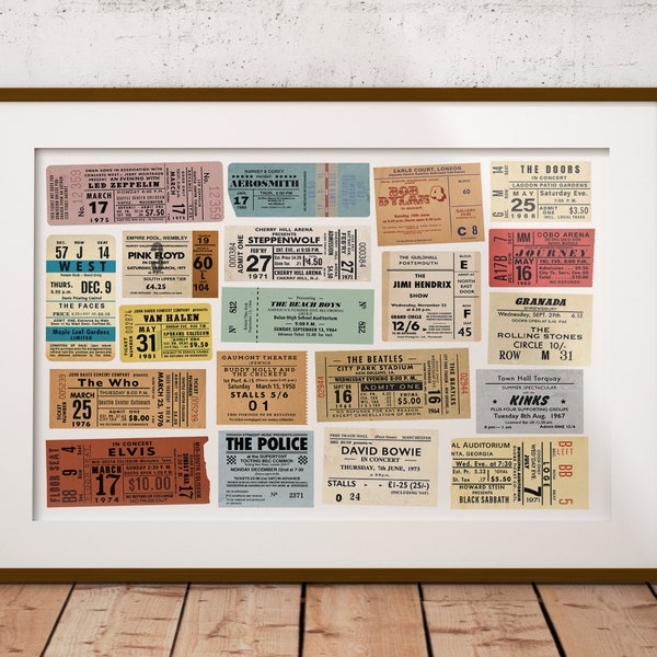 Rock Bands Poster Vintage Ticket Stub Print Perfect for Music Lovers Music Room great for Home Bar Gift for Dad Christmas Beatles Stones
