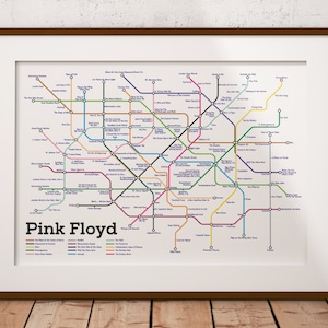 Pink Floyd albums muurkunst print, rockmuziek prints, underground tube stijl kaart poster print, Pink Floyd Art, vaderdagcadeau