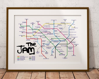 The Jam Poster Print, Vintage Mod Band, Albums and Singles Print in a London Tube Map Style, Paul Weller, Wall Art, Fathers Day Gift