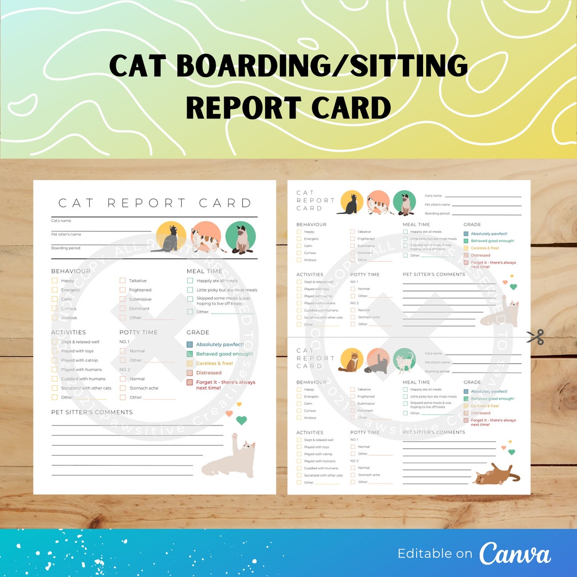 Cat Boarding/sitting Report Card Template Editable Template Cat Report