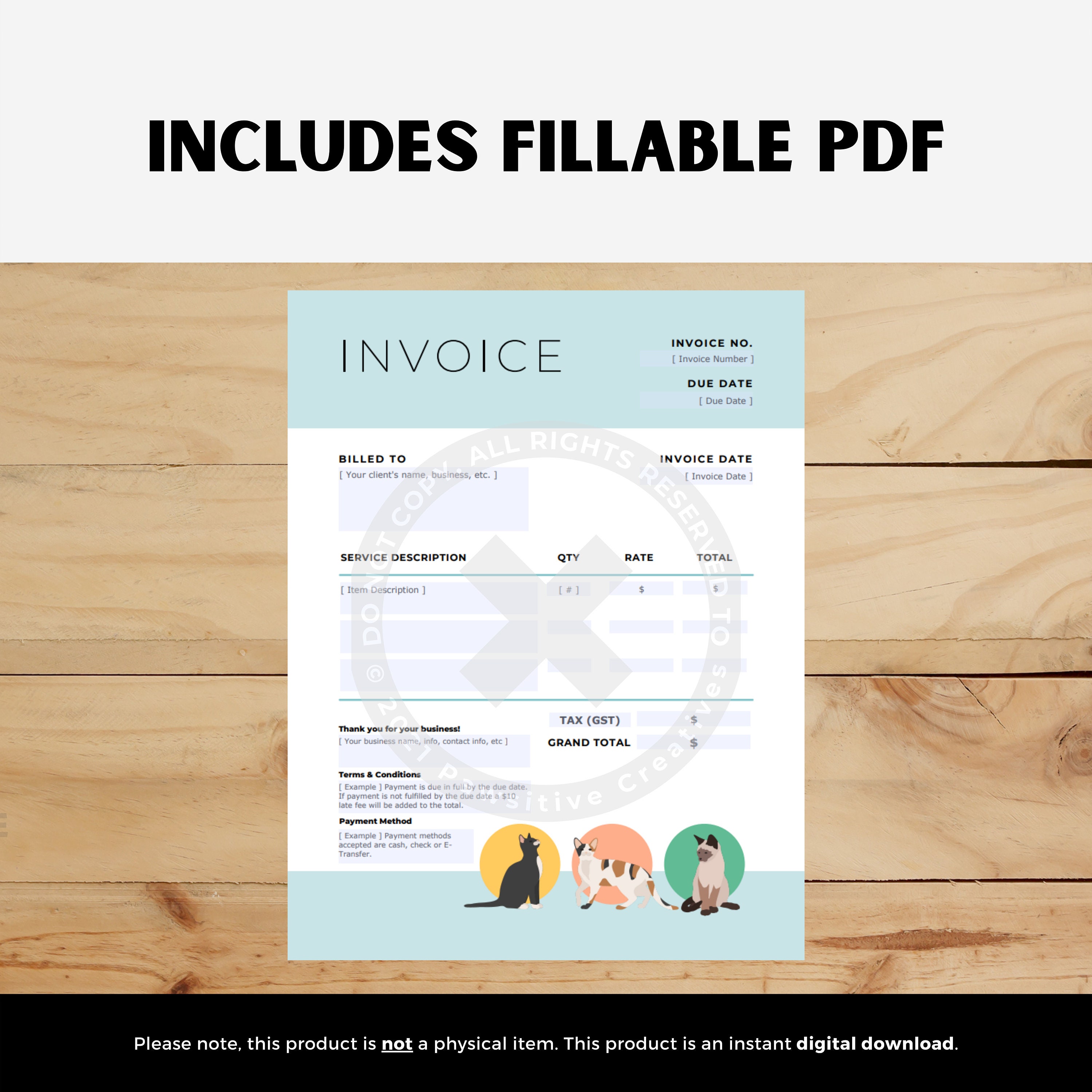 Invoice Template for Cat Care Services Editable Template Etsy