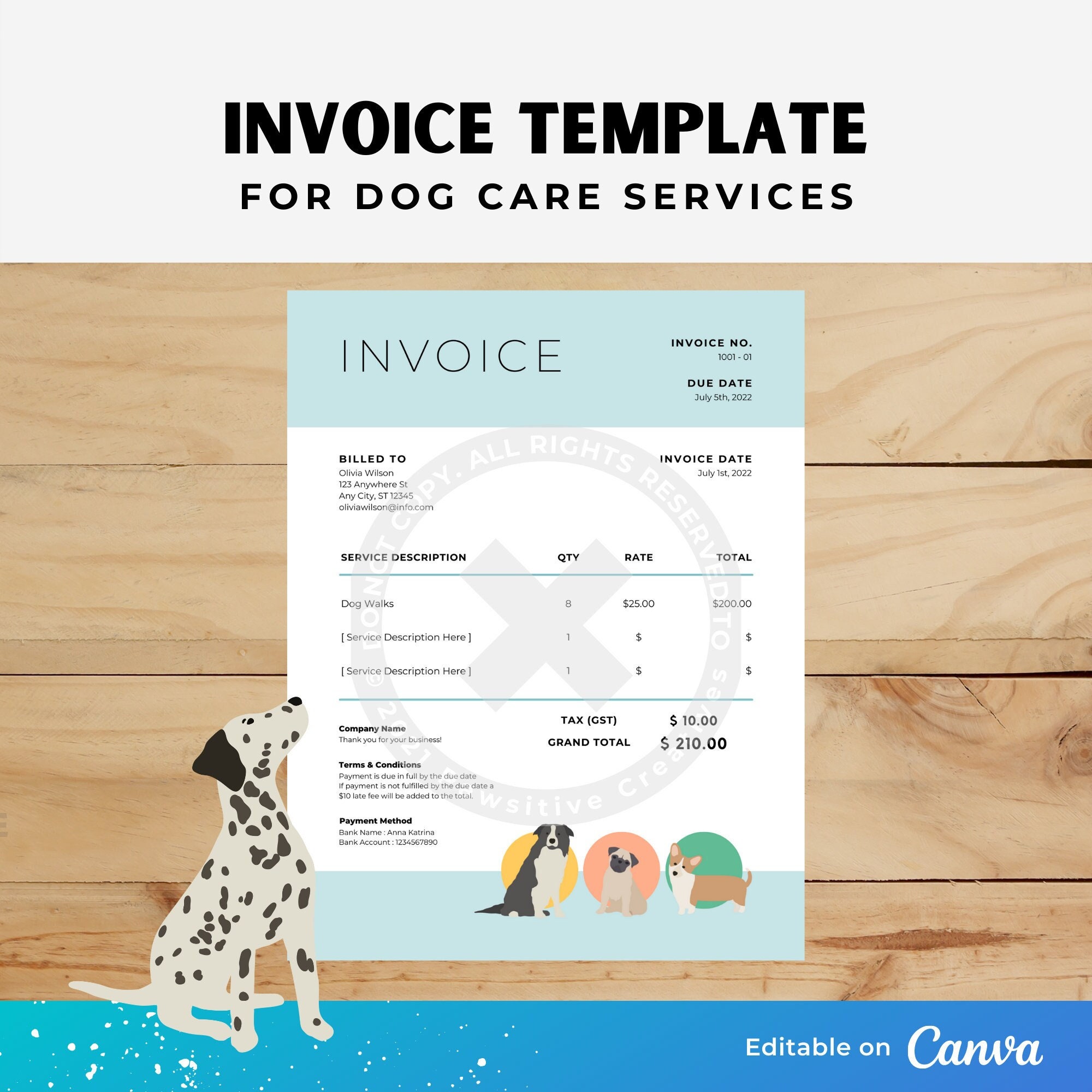 Invoice Template for Dog Care Services Editable Template - Etsy