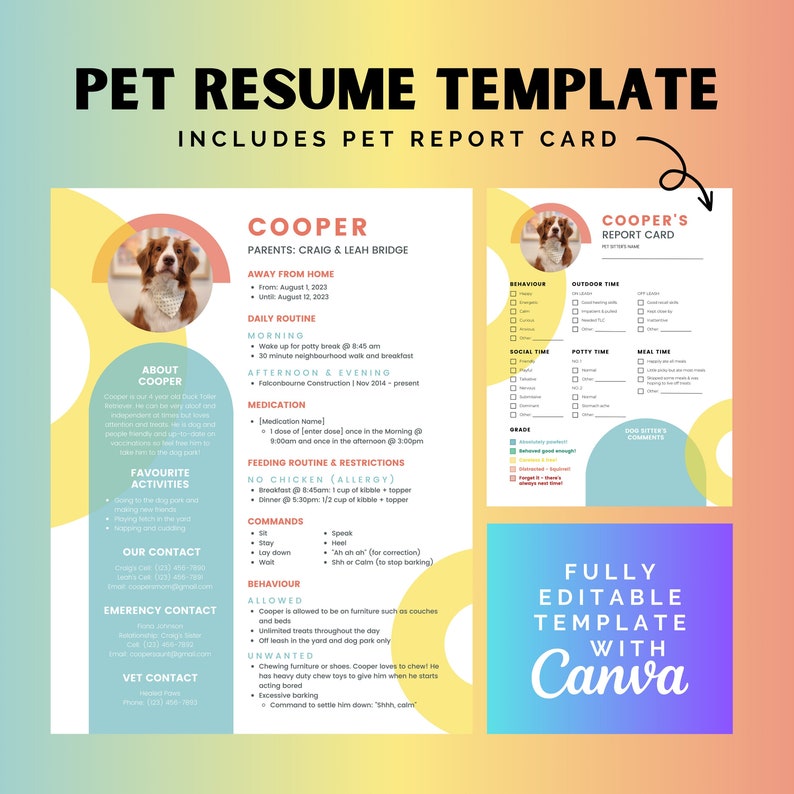 Pet Resume Template Dog Resume Cat Resume Editable Template Dog Report