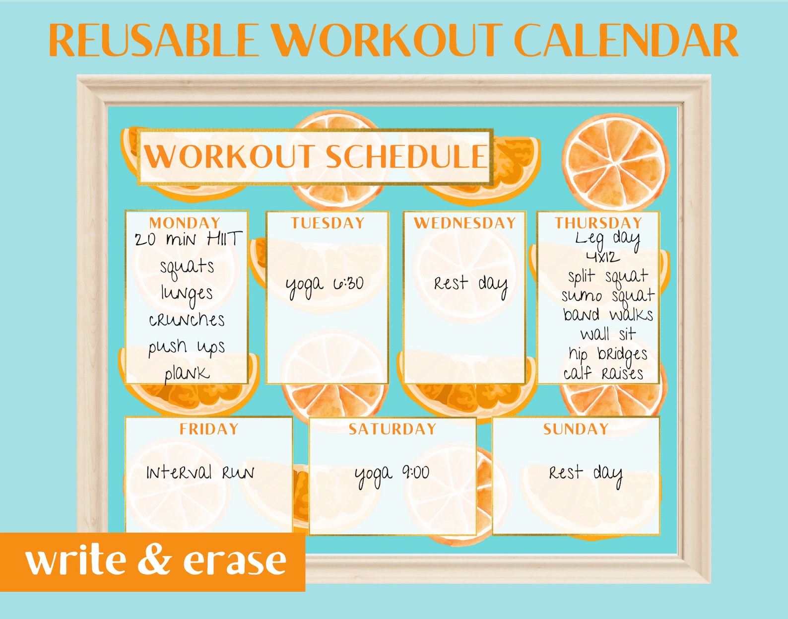 Oranges Reusable Workout Calendar Weekly Workout Calendar Etsy