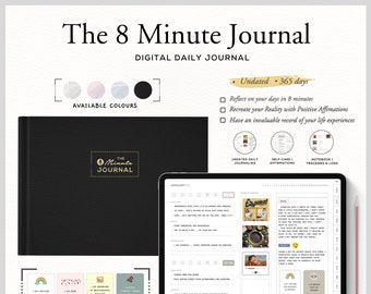 8 Minute Journal (Black) | 365 Daily Digital Journal | Affirmation Cards | Self-Care | Monthly Review | GoodNotes | Notability -Wracon