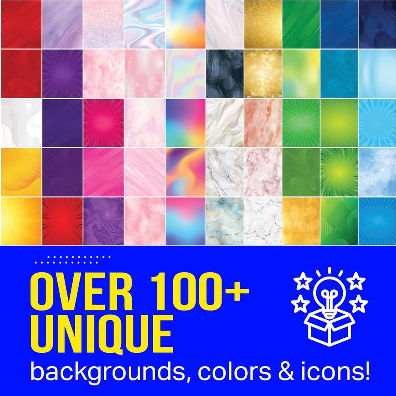 May include: A grid of over 40 unique backgrounds in various colors and textures, including gradients, marble, and abstract designs. The image also features the text "OVER 100+ UNIQUE backgrounds, colors & icons!" in yellow and white on a blue background.
