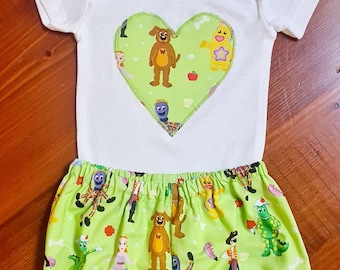 Aust made (Wiggle character green) Girls or boys, unisex Children's outfit baby onesie & bloomers set, bummies, nappy cover.