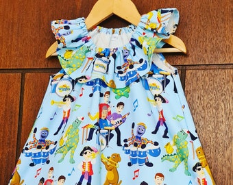 Aust made Girls kids (Wiggles band blue ruffle neck dress) cotton drill fabric handmade,baby, girls,matching hair acc in other listing.