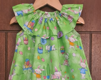 Aust made Girls ruffle neck Easter dress (Green glitter bunnies) made in cotton fabric. matching sets handmade, kids dress, easter Clothing