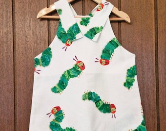 Aust made, Children's very hungry caterpillar  romper,  dungaree, jumpsuit, overalls, Birthday party, book week, snap Button, Cotton fabric