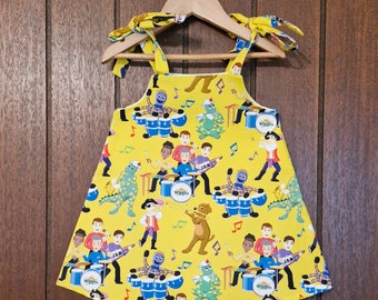 Aust made Girls dress yellow tiestrap, handmade, cotton drill fabric, baby, girls, matching hair clips avaliable in other listings