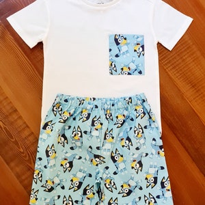 Aust made, Children&#39;s Boys Bluey t-shirt & shorts outfit with a bluey pocket