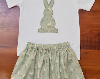 Australian made Girls Easter tshirt and skirt outfit, cotton fabric, handmade, Easter bunny, Elastic waist (Sage Bunnies)