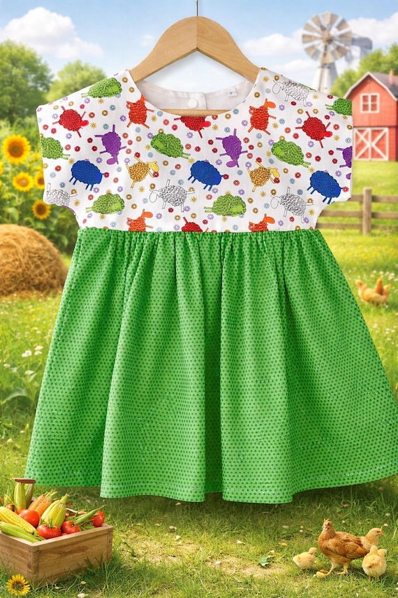 green sheep dress up Aust.made Girls (the Green Sheep) Snap Button up Back Dress, Book Week  Costume, Birthday Party, Dress Up, Cotton, Handmade