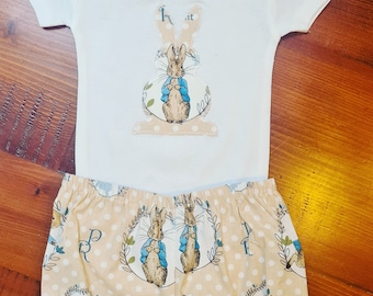 Aust made (peter rabbit spots) Girls or boys Children's easter outfit baby onesie & bloomers set, bummies, nappy cover,