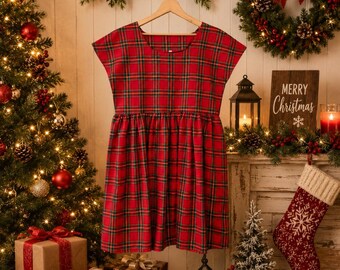 Aust made. Ladies Australian Christmas Red tartan dress. Women's dress, beautiful 100% cotton fabric. Relaxed fit. Christmas dress,