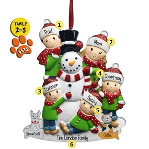 Personalized Family Christmas Ornament - Family of 2 3 4 5 - Family with Pets - Cute Gift - Building a Snowman - Cat Dog Bunny Bird