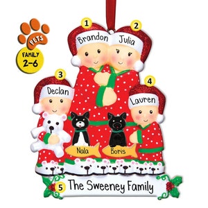 Personalized Christmas Ornaments - Family in Red Pajamas - Christmas Morning - Holiday PJs - Bunny Slippers - Perfect Handwriting - Pets