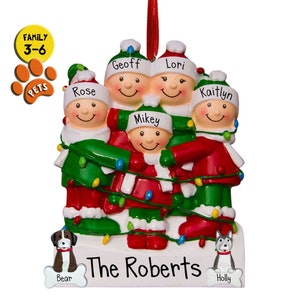 Personalized Family Tangled in Lights Ornament - Large Group Ornaments - Christmas Morning - Decorating the Tree - Presents - Optional Pets