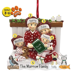 Personalized Family Christmas Eve Book Ornament - Optional Pets - Family of 3, 4, 5, 6 - Family with Dog Cat Bunny Bird Hamster Lizard