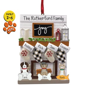 Personalized Fireplace Ornament - Christmas Joy Family - Stockings by the Fire - Optional Pets - White Brick - Country Home