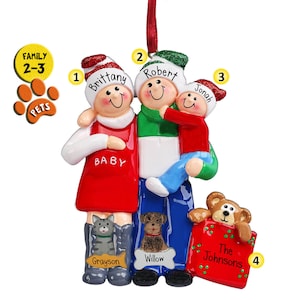 Erwartete Familie mit Teddybär oder kniendem Vater - Schwanger - 2. Baby - 1. Baby - Neue Mutter - Mama - Personalisierte Weihnachtsverzierung