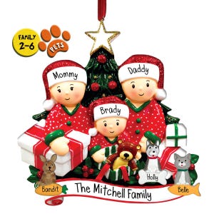 Personalized Family Opening Gifts Christmas Ornament - Family of 2 3 4 5 6 - Family with Pets - 1st Christmas - Cat Dog Bunny Bird Lizard