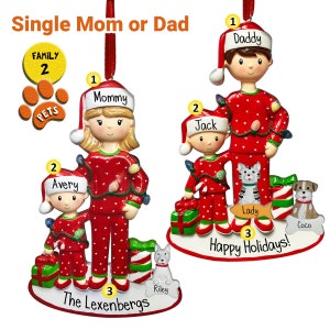 Single Mom Ornament with Kid in Red PJ&#39;s - Single Dad - Personalized Christmas Ornaments - Optional Pets - Wrapped in Lights - Pajamas