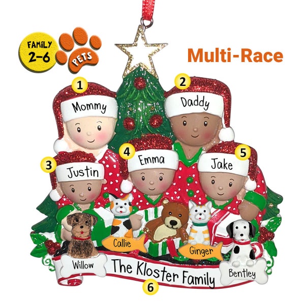 Mixed Race Christmas Ornament - Personalized Family Gift - Optional Pets - Biracial Family - Family of 2 3 4 5 6 - Bi-racial Family