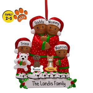 African American Family Ornament in Red Pajamas - Dark Skin - Couple - Custom Family of 2 3 4 5 - Family with Pets - PJs - Christmas Eve