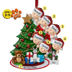Personalized Christmas Ornaments - Peeking Around Tree Family - Large Family - Christmas Morning - Opening Gifts - Presents - Optional Pets