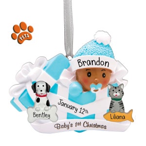 Personalized Baby Boy in Gift - Dark Skin Christmas Ornament - Baby&#39;s 1st - African American - New Brother - Perfect Handwriting