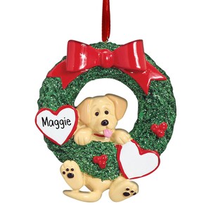 Yellow Lab Hanging from Wreath - Personalized Christmas Ornament - New Puppy - 1st Pet - Dog - Perfect Handwriting - Free Personalization