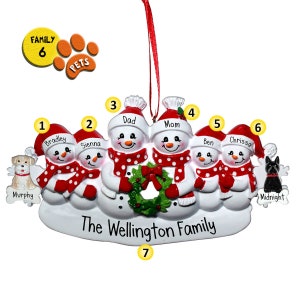 Couronne familiale bonhomme de neige avec animaux de compagnie en option - 6 - Décorations personnalisées - Décorations familiales - Famille de six personnes avec animaux de compagnie