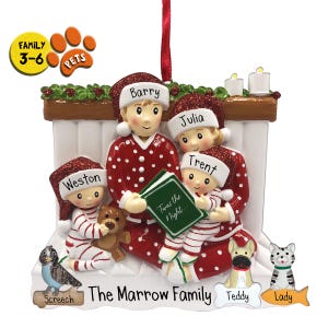 Personalisierte Familien-Weihnachtsverzierung 3,4,5,6 - Lesebuch, Nacht vor Weihnachten, Optionale Haustiere